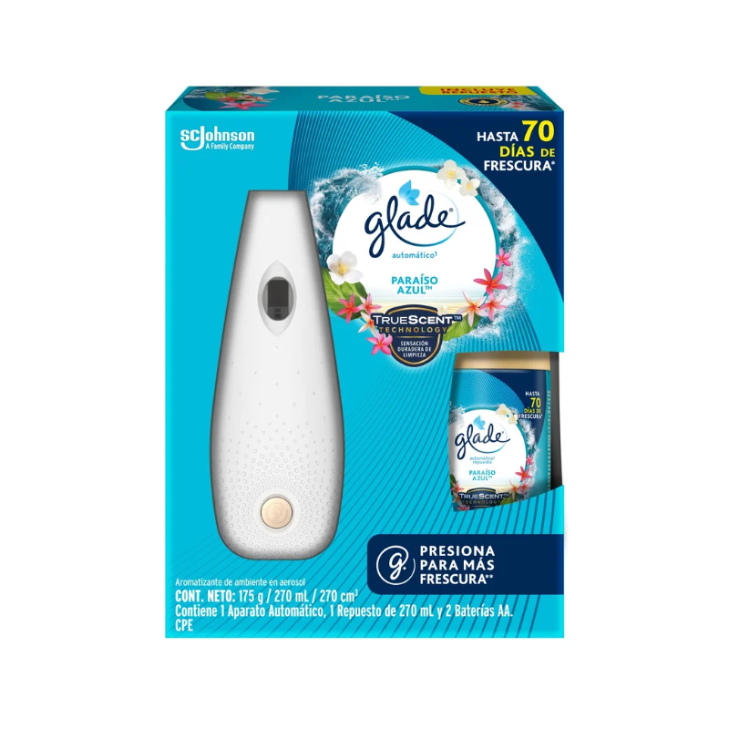 7501032909406 AMBIENTADOR GLADE APARATO + REPUESTO PARAISO AZUL 270 ML AUTOMATICO 323181