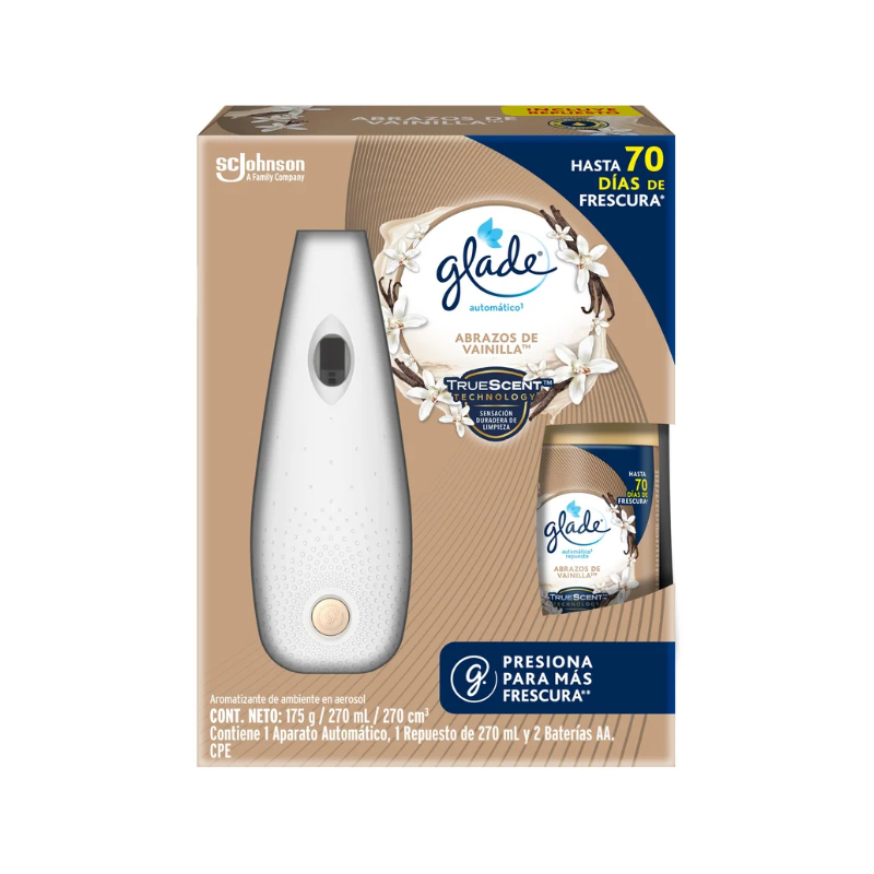 GLADE AMBIENTADOR AUTOMÁTICO APARATO + REPUESTO ABRAZOS DE VAINILLA CÓDIGO 770769 7501032913595